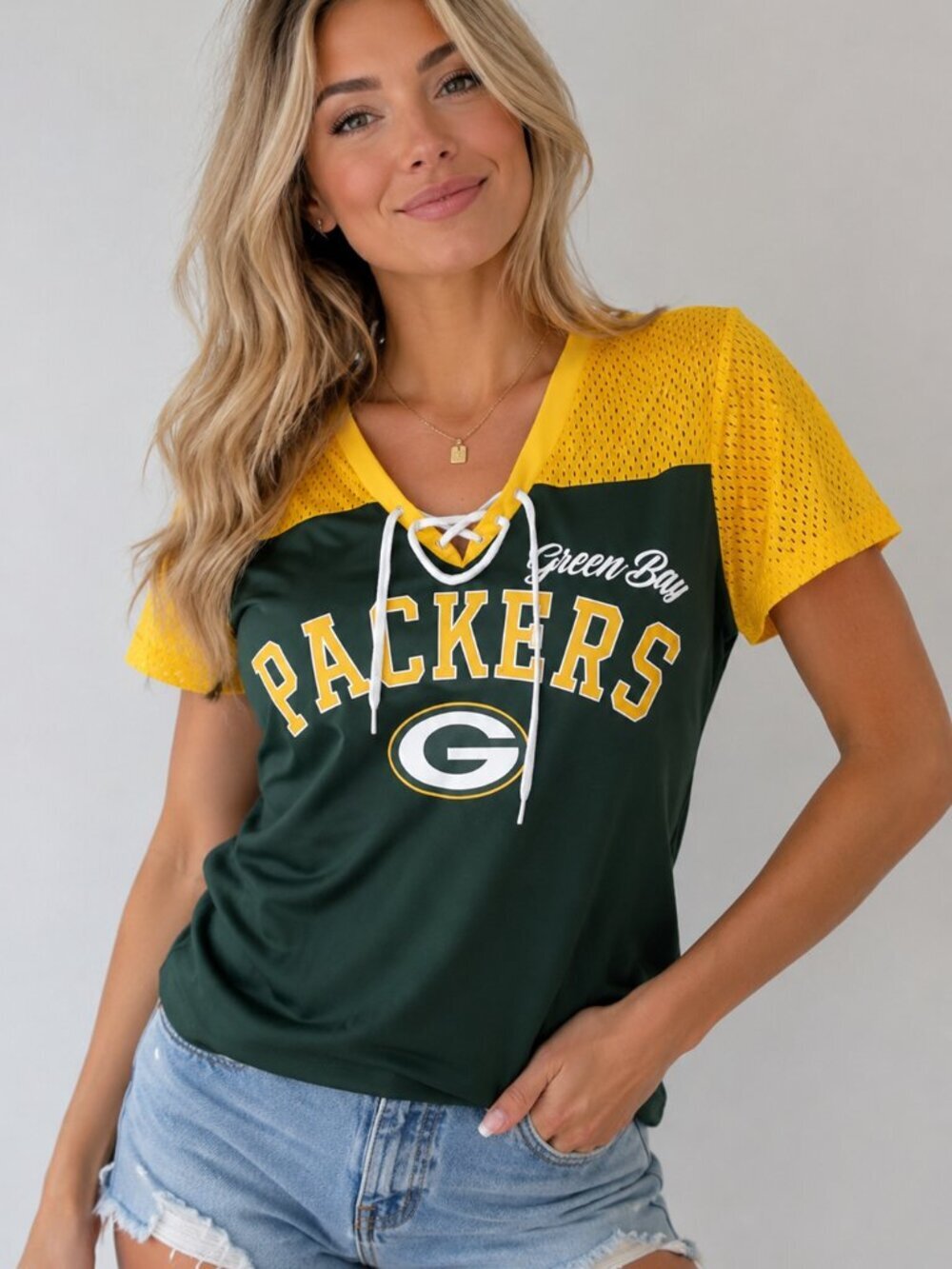 NWT NFL Green Bay Packers Mesh Lace‎ Up Jersey Top Women's Small Green